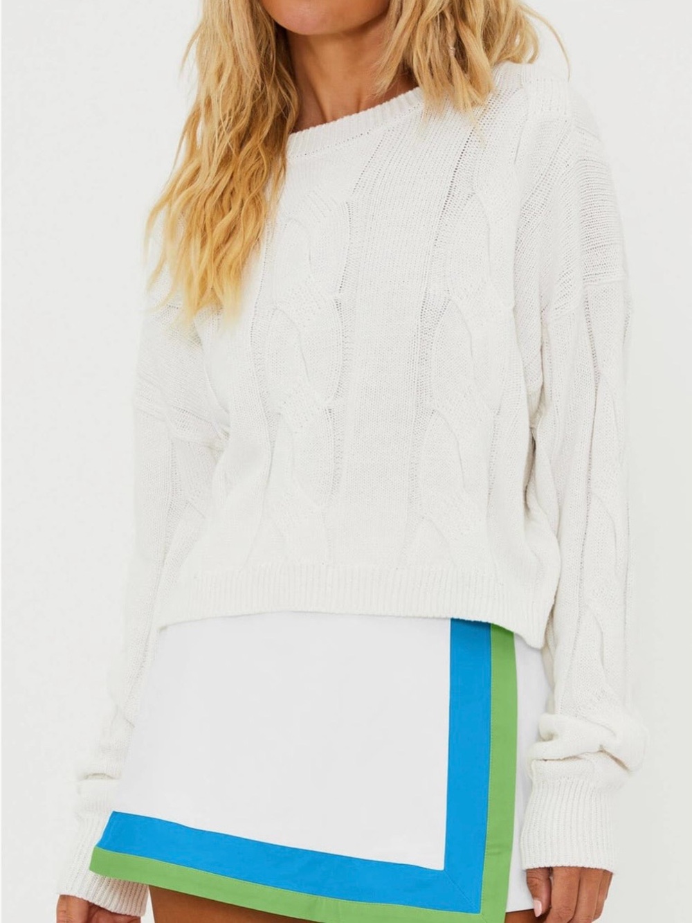 Beach Riot White Clarice Cable Knit Cropped Cotton Sweater Size Small